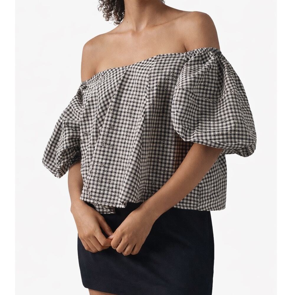 NWT Maeve Anthropologie Off Shoulder Puff Sleeve Top Small Gingham